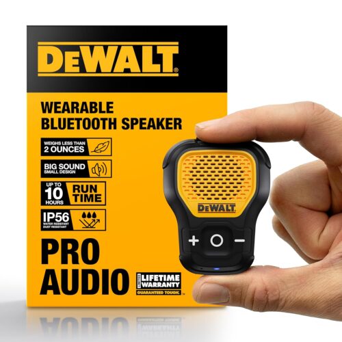 DEWALT Wearable Bluetooth Speaker (Updated Version), Clip-On Wireless Jobsite Pro Water-Resistant Portable Speaker (Non-Magnetic), Built-in Mic for Hands-Free Music/Calls,...
