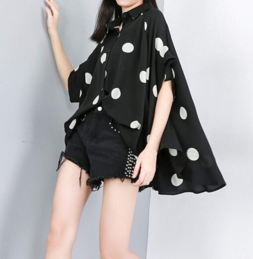 ellazhu Women's Batwing Sleeve Polka Dot Printed Button Down Blouse Oversized Shirt Top for Summer GY1903