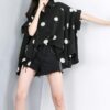 ellazhu Women's Batwing Sleeve Polka Dot Printed Button Down Blouse Oversized Shirt Top for Summer GY1903