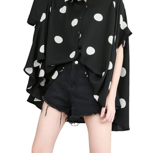 ellazhu Women's Batwing Sleeve Polka Dot Printed Button Down Blouse Oversized Shirt Top for Summer GY1903