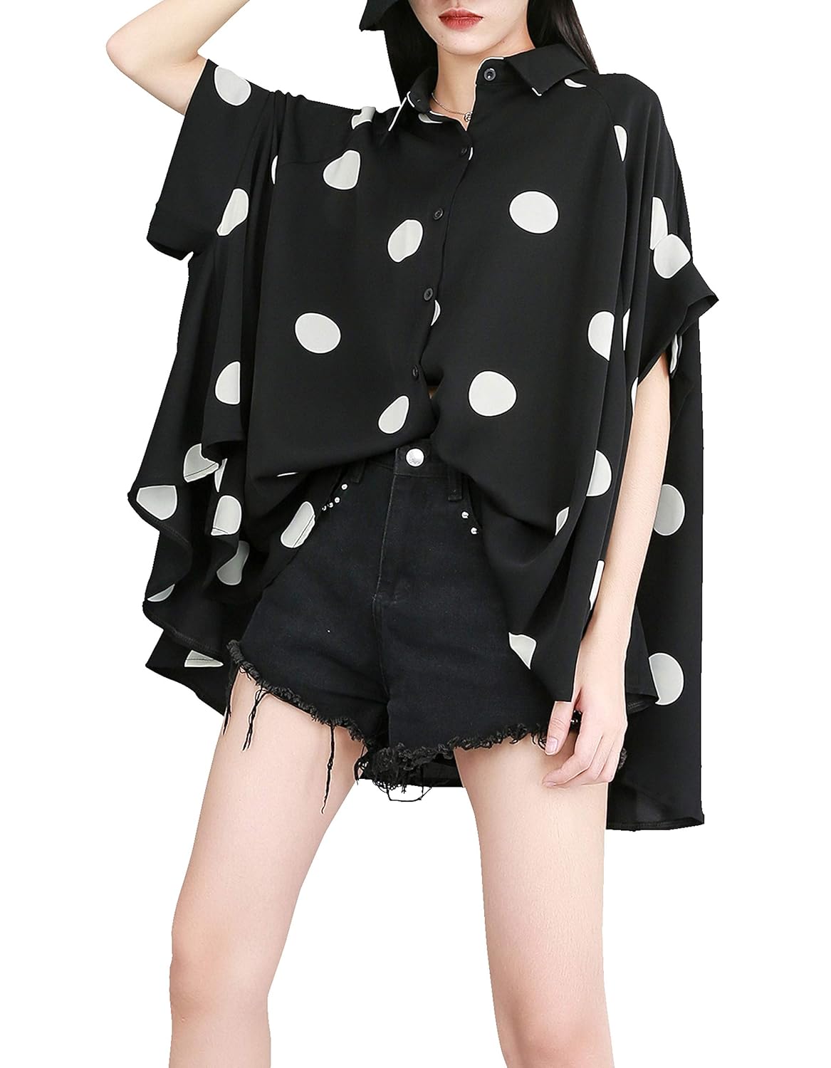 ellazhu Women's Batwing Sleeve Polka Dot Printed Button Down Blouse Oversized Shirt Top for Summer GY1903