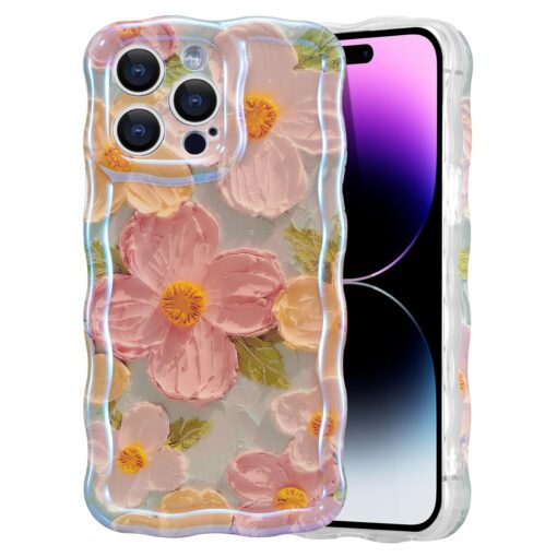 EYZUTAK Case for iPhone 16 Pro, Colorful Retro Oil Painting Printed Flower Laser Glossy Pattern Cute Curly Wave Edge Exquisite Phone Cover Stylish Durable TPU Protective Case...