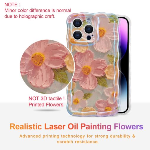 EYZUTAK Case for iPhone 16 Pro, Colorful Retro Oil Painting Printed Flower Laser Glossy Pattern Cute Curly Wave Edge Exquisite Phone Cover Stylish Durable TPU Protective Case...