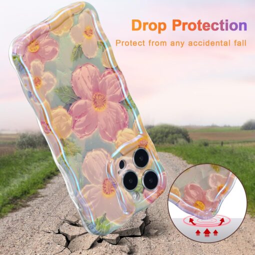 EYZUTAK Case for iPhone 16 Pro, Colorful Retro Oil Painting Printed Flower Laser Glossy Pattern Cute Curly Wave Edge Exquisite Phone Cover Stylish Durable TPU Protective Case...