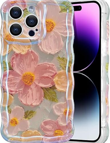 EYZUTAK Case for iPhone 16 Pro, Colorful Retro Oil Painting Printed Flower Laser Glossy Pattern Cute Curly Wave Edge Exquisite Phone Cover Stylish Durable TPU Protective Case...