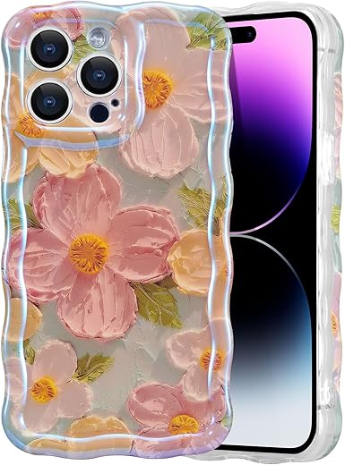EYZUTAK Case for iPhone 16 Pro, Colorful Retro Oil Painting Printed Flower Laser Glossy Pattern Cute Curly Wave Edge Exquisite Phone Cover Stylish Durable TPU Protective Case...