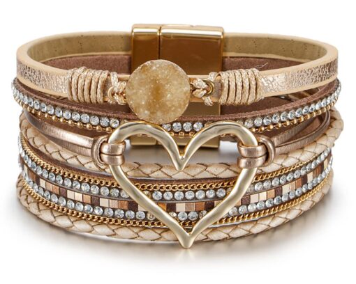 Fesciory Leopard Bracelet for Women, Boho Leather Wrap Multi-Layer Pearl Crystal Bracelet Bangle Jewelry