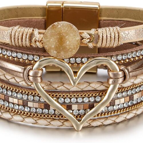 Fesciory Leopard Bracelet for Women, Boho Leather Wrap Multi-Layer Pearl Crystal Bracelet Bangle Jewelry