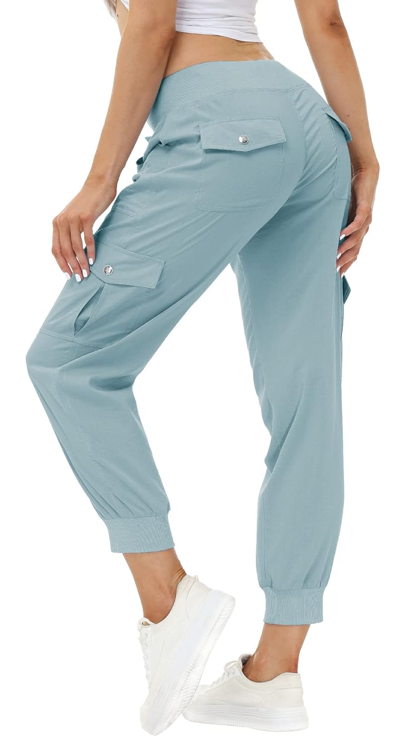 MoFiz Women's Lightweight Hiking Cargo Pants Outdoor Quick Dry Casual Travel Sweatpants Joggers Elastic Waist Button Pockets