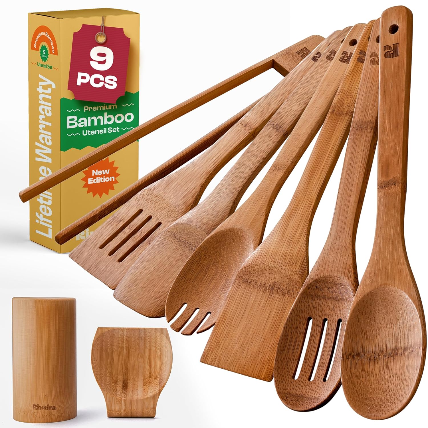 Riveira Dark Bamboo Wooden Spoons for Cooking 9-Piece with Holder, Apartment Essentials Wood Spatula Spoon Nonstick Kitchen Utensil Set Premium Quality Housewarming Gifts for...