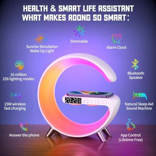 Smart LED Table Lamp, 4-in-1 Wireless Charger, Night Light, Alarm Clock, and Bluetooth Speaker with App Control for Bedroom, Office, and Home Decor (White) Smart LED Table Lamp, 4-in-1 Wireless Charger, Night Light, Alarm Clock, and Bluetooth Speaker with App Control for Bedroom, Office, and Home Decor (White)