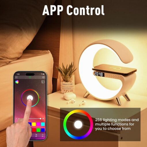 Smart LED Table Lamp, 4-in-1 Wireless Charger, Night Light, Alarm Clock, and Bluetooth Speaker with App Control for Bedroom, Office, and Home Decor (White) Smart LED Table Lamp, 4-in-1 Wireless Charger, Night Light, Alarm Clock, and Bluetooth Speaker with App Control for Bedroom, Office, and Home Decor (White)