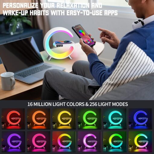 Smart LED Table Lamp, 4-in-1 Wireless Charger, Night Light, Alarm Clock, and Bluetooth Speaker with App Control for Bedroom, Office, and Home Decor (White) Smart LED Table Lamp, 4-in-1 Wireless Charger, Night Light, Alarm Clock, and Bluetooth Speaker with App Control for Bedroom, Office, and Home Decor (White)