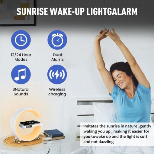 Smart LED Table Lamp, 4-in-1 Wireless Charger, Night Light, Alarm Clock, and Bluetooth Speaker with App Control for Bedroom, Office, and Home Decor (White) Smart LED Table Lamp, 4-in-1 Wireless Charger, Night Light, Alarm Clock, and Bluetooth Speaker with App Control for Bedroom, Office, and Home Decor (White)