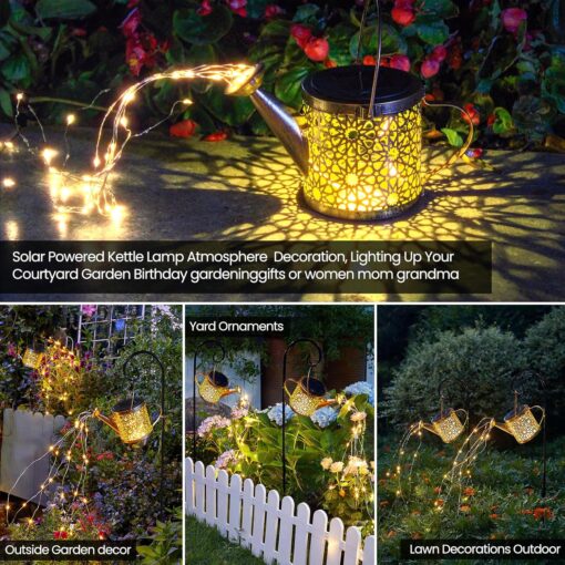 Solar Lights Outdoor Decorative, Metal Solar Watering Can Lights Waterproof, Small Hanging Garden Decor Yard Lights Outside Patio Lawn, Gifts for Mom Grandma Women Birthday(Warm...