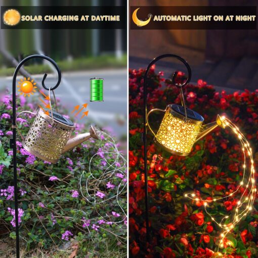 Solar Lights Outdoor Decorative, Metal Solar Watering Can Lights Waterproof, Small Hanging Garden Decor Yard Lights Outside Patio Lawn, Gifts for Mom Grandma Women Birthday(Warm...