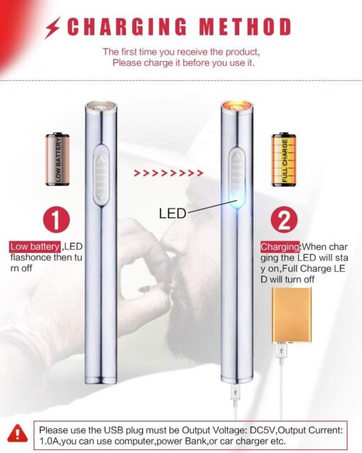 USB Mini Lighters Electronic Rechargeable Windproof Flameless Portable Cigarette Slim Lighter (Silver)