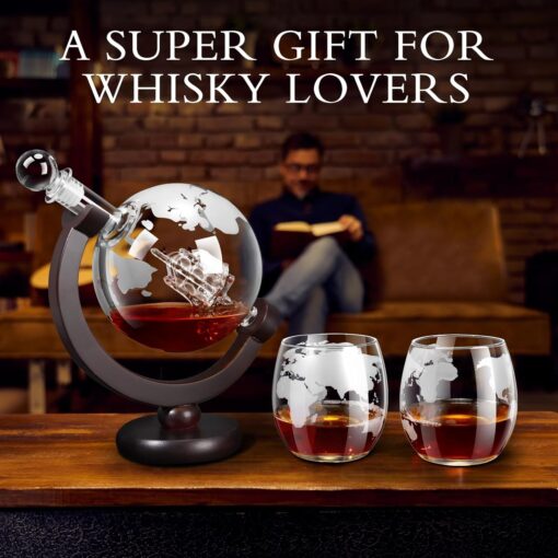 Whiskey Decanter Sets for Men, Whiskey Decanter Globe Set with 2 Etched Globe Whisky Glasses for Liquor, Bourbon, Cocktails, Vodka, Scotch liquor decanter Sets - 850ml Whiskey Decanter Sets for Men, Whiskey Decanter Globe Set with 2 Etched Globe Whisky Glasses for Liquor, Bourbon, Cocktails, Vodka, Scotch liquor decanter Sets - 850ml