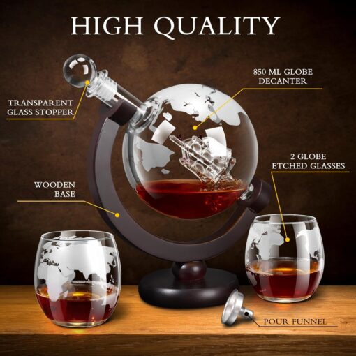 Whiskey Decanter Sets for Men, Whiskey Decanter Globe Set with 2 Etched Globe Whisky Glasses for Liquor, Bourbon, Cocktails, Vodka, Scotch liquor decanter Sets - 850ml Whiskey Decanter Sets for Men, Whiskey Decanter Globe Set with 2 Etched Globe Whisky Glasses for Liquor, Bourbon, Cocktails, Vodka, Scotch liquor decanter Sets - 850ml