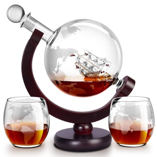Whiskey Decanter Sets for Men, Whiskey Decanter Globe Set with 2 Etched Globe Whisky Glasses for Liquor, Bourbon, Cocktails, Vodka, Scotch liquor decanter Sets - 850ml Whiskey Decanter Sets for Men, Whiskey Decanter Globe Set with 2 Etched Globe Whisky Glasses for Liquor, Bourbon, Cocktails, Vodka, Scotch liquor decanter Sets - 850ml