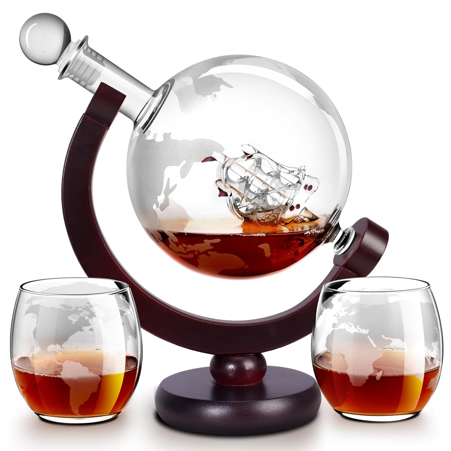 Whiskey Decanter Sets for Men, Whiskey Decanter Globe Set with 2 Etched Globe Whisky Glasses for Liquor, Bourbon, Cocktails, Vodka, Scotch liquor decanter Sets - 850ml