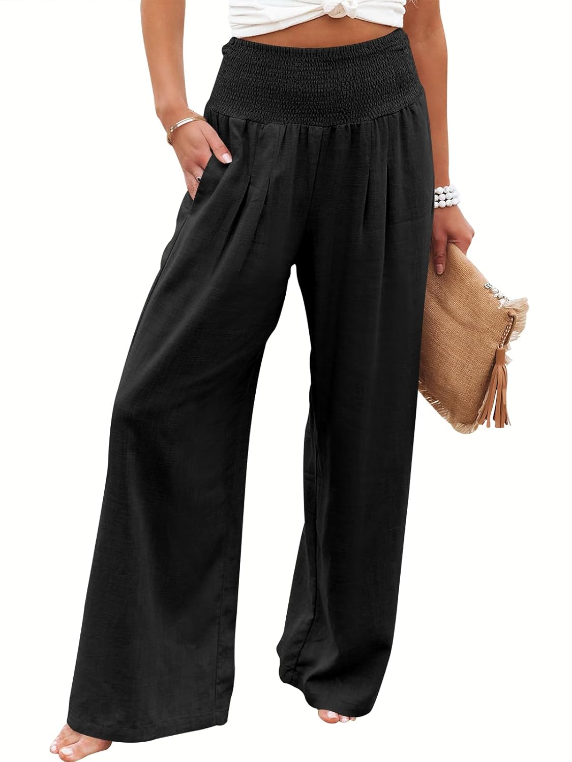 ANRABESS Women Linen Palazzo Pants Summer Boho Wide Leg High Waist Casual Lounge Pant 2025 Beach Travel Vacation Outfits