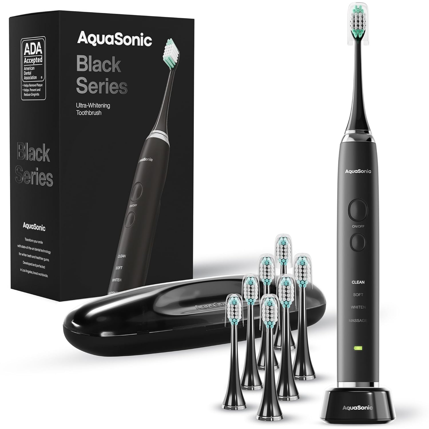 Aquasonic Black Series Ultra Whitening Toothbrush – ADA Accepted Electric Toothbrush- 8 Brush Heads & Travel Case – 40,000 VPM Electric Motor & Wireless Charging - 4 Modes w...