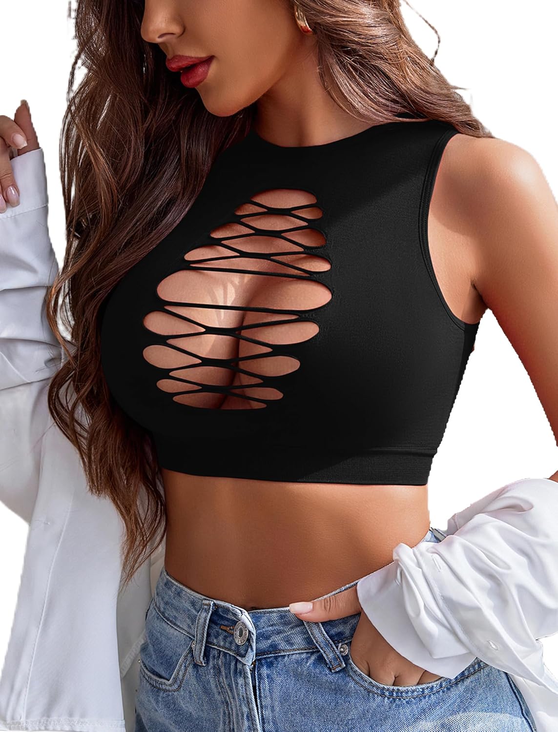 Avidlove Women's Fishnet Top Sexy Cut Out Crop Short Hollow Out Cropped Tank Top(S M L)