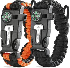 aZengear Paracord Survival Bracelet (2 Pack) | Flint Steel Fire Starter, Whistle, Compass, Mini Saw | Adjustable Wrist Band Size for Camping, Bushcraft, Emergency Kit (Black &...