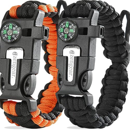 aZengear Paracord Survival Bracelet (2 Pack) | Flint Steel Fire Starter, Whistle, Compass, Mini Saw | Adjustable Wrist Band Size for Camping, Bushcraft, Emergency Kit (Black &...
