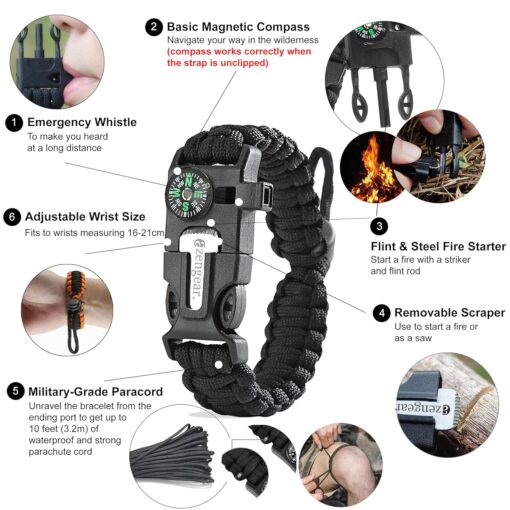 aZengear Paracord Survival Bracelet (2 Pack) | Flint Steel Fire Starter, Whistle, Compass, Mini Saw | Adjustable Wrist Band Size for Camping, Bushcraft, Emergency Kit (Black &... aZengear Paracord Survival Bracelet (2 Pack) | Flint Steel Fire Starter, Whistle, Compass, Mini Saw | Adjustable Wrist Band Size for Camping, Bushcraft, Emergency Kit (Black &...