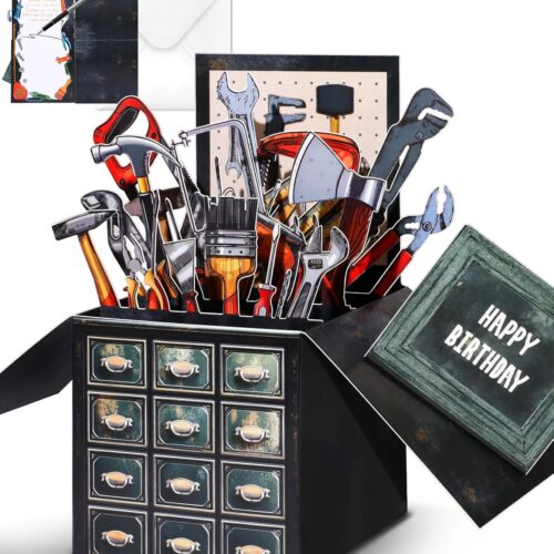 Birthday Pop Up Card with Envelope - Funny Happy Birthday 3D Greeting Pop Up Card, Best Gifts for Men Dad Husband Grandpa Father Daddy Him, Unique 3D Design, Metal Toolbox