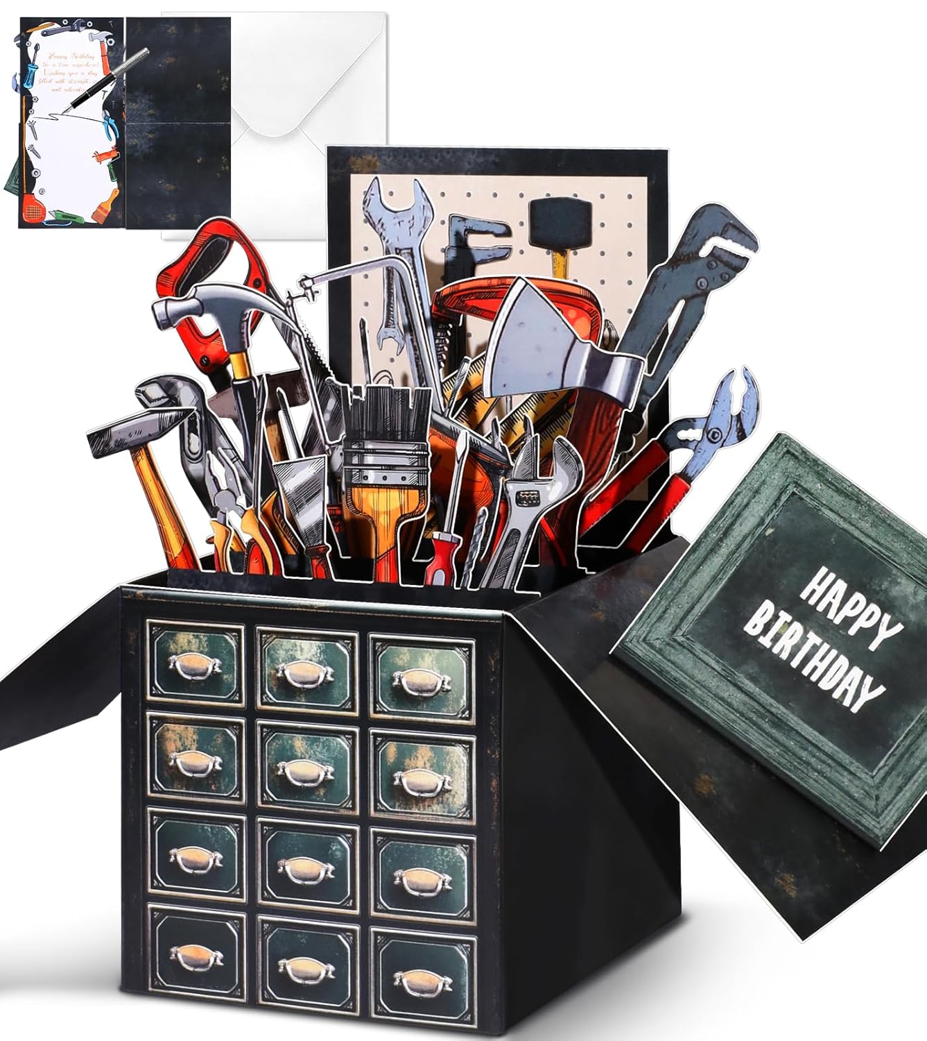 Birthday Pop Up Card with Envelope - Funny Happy Birthday 3D Greeting Pop Up Card, Best Gifts for Men Dad Husband Grandpa Father Daddy Him, Unique 3D Design, Metal Toolbox