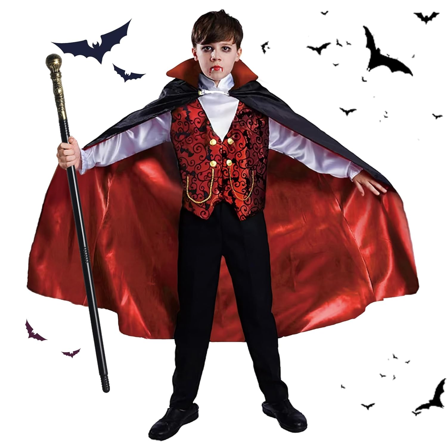Boys Vampire Costume Set, Halloween Party Vampire Cosplay Outfit with Cape, Shirt, Pants & Cane, kids dracula costume