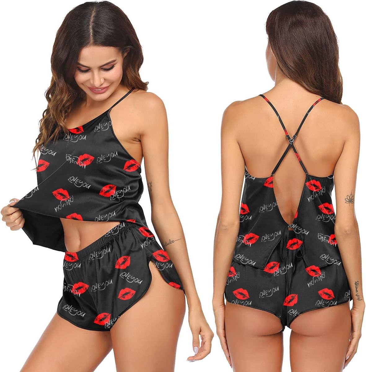 Ekouaer Silk Pajamas Set for Women Satin Backless Lingerie Pjs Cami Top and Shorts Nightwear