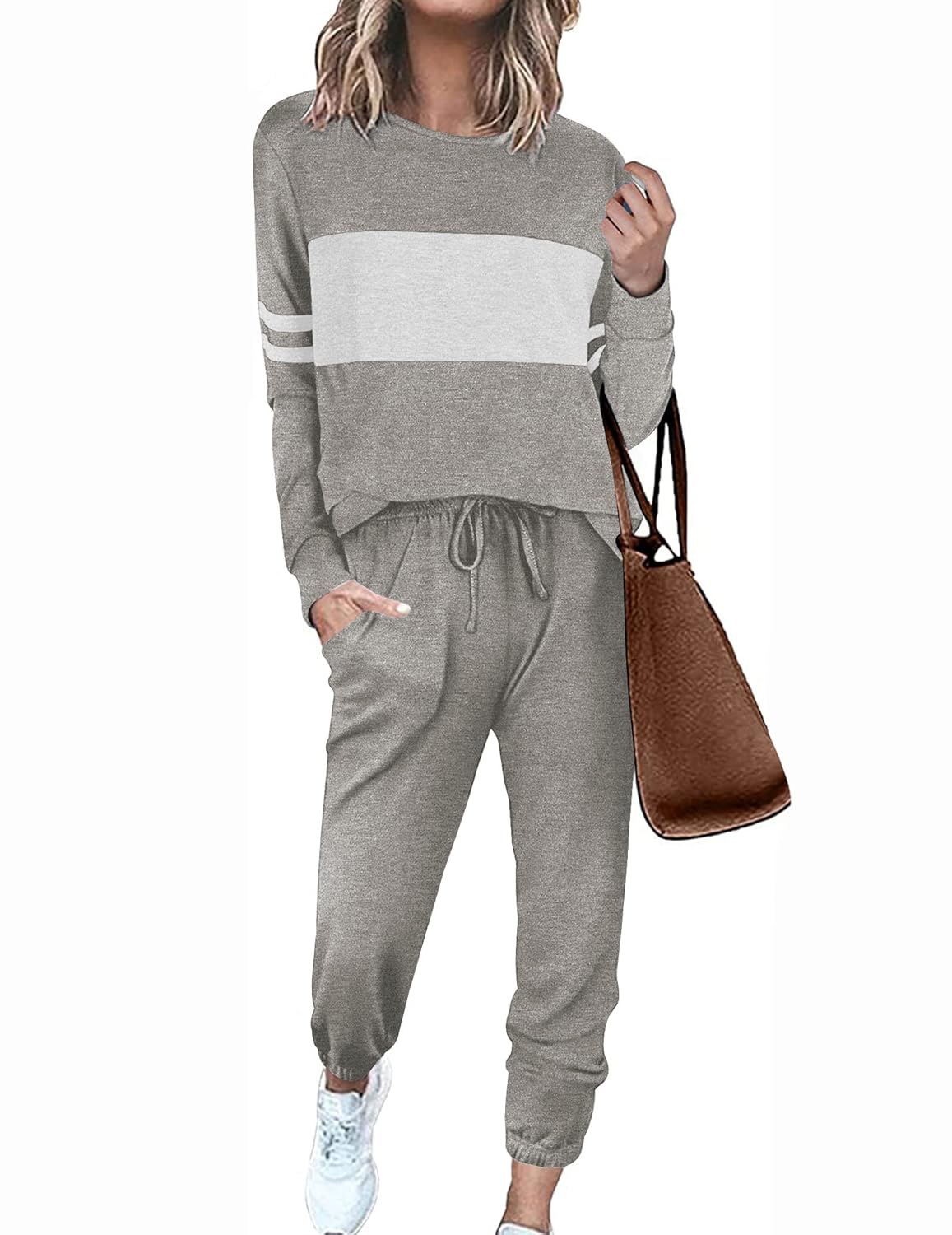 Ekouaer Womens Pajamas Set Long Sleeve Sweatsuits 2 Piece Lounge Set Crewneck Loungewear with Pockets S-XXL