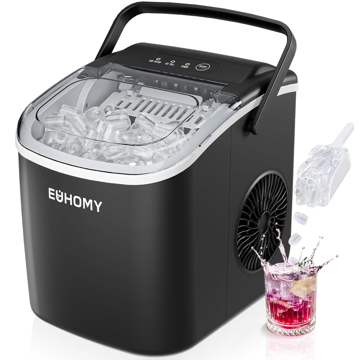 EUHOMY Countertop Ice Maker Machine with Handle, 26lbs in 24Hrs, 9 Ice Cubes Ready in 6 Mins, Auto-Cleaning Portable Ice Maker with Basket and Scoop, for...
