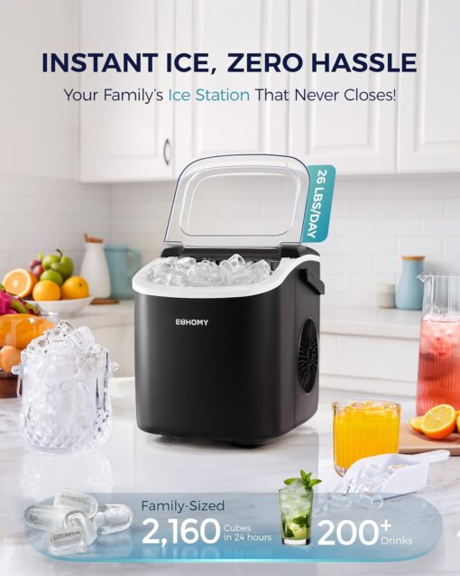 EUHOMY Countertop Ice Maker Machine with Handle, 26lbs in 24Hrs, 9 Ice Cubes Ready in 6 Mins, Auto-Cleaning Portable Ice Maker with Basket and Scoop, for...