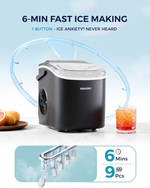 EUHOMY Countertop Ice Maker Machine with Handle, 26lbs in 24Hrs, 9 Ice Cubes Ready in 6 Mins, Auto-Cleaning Portable Ice Maker with Basket and Scoop, for...