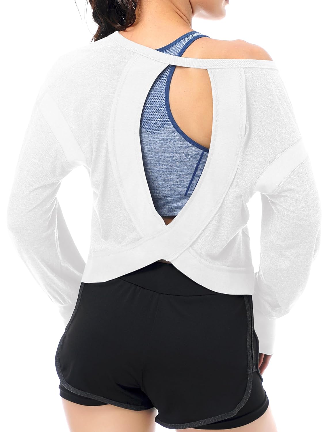 EYZH Women's Open Back Workout Top - Long Sleeve Yoga Crop Top with Thumb Holes, Breathable Athletic Shirt