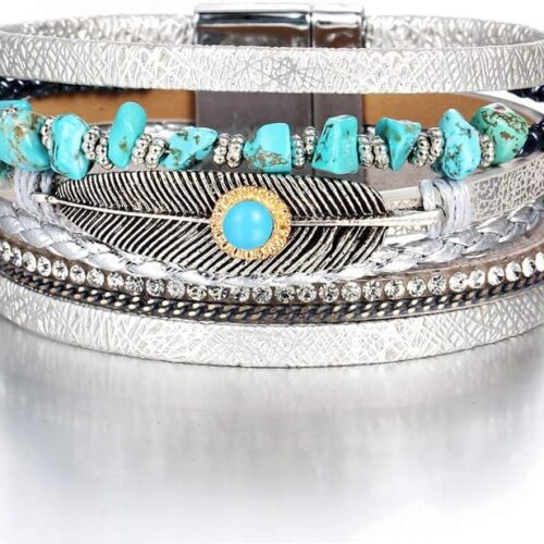 Fesciory Leopard Bracelet for Women, Boho Leather Wrap Multi-Layer Pearl Crystal Bracelet Bangle Jewelry