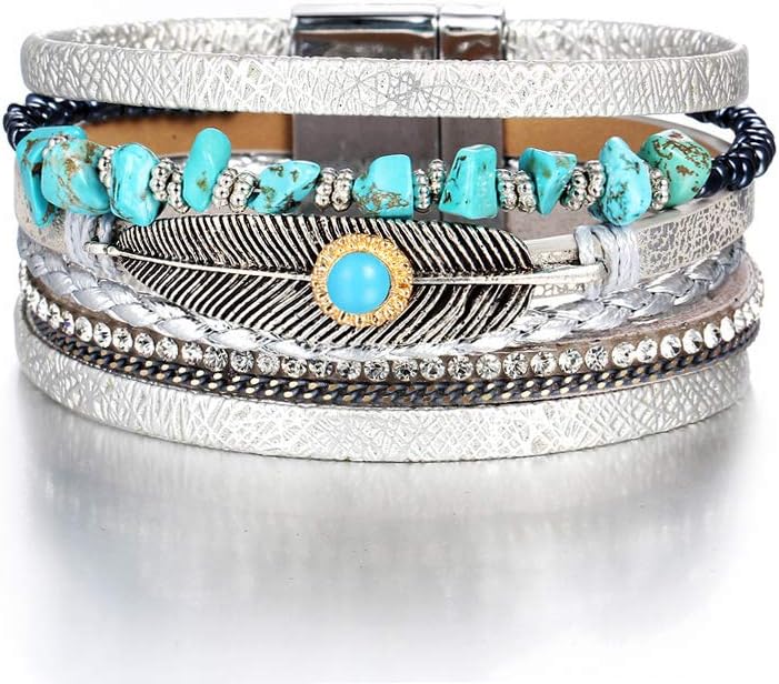 Fesciory Leopard Bracelet for Women, Boho Leather Wrap Multi-Layer Pearl Crystal Bracelet Bangle Jewelry