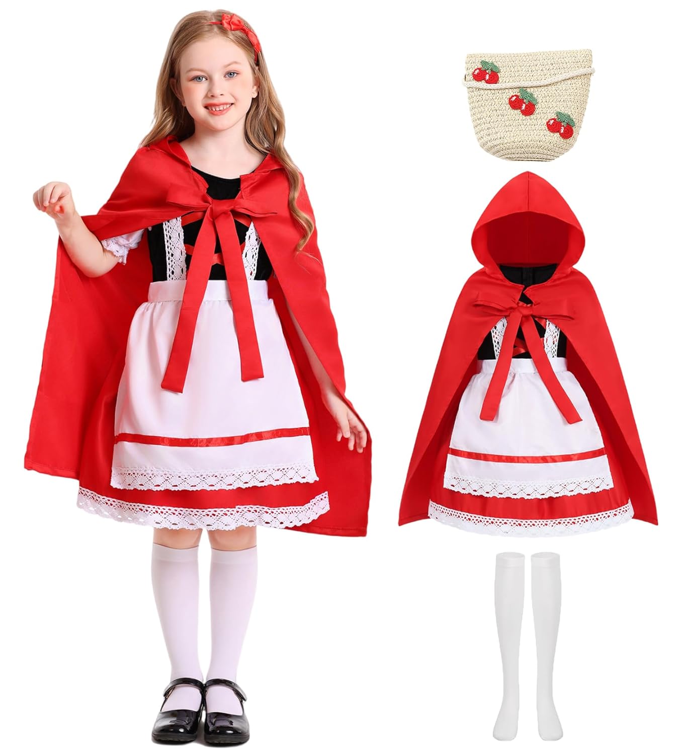 Girls Little Red Riding Hood Costume Kids Dress with Apron Book Character Halloween Costumes Birthday Fairy Tale Dress
