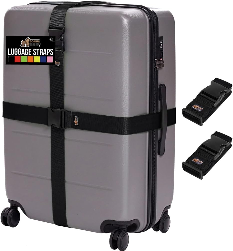GORILLA GRIP Heavy Duty Adjustable Luggage Straps for Suitcases, Easy to Identify Travel Belt Connector Holds Suitcase Together, Extends Life of Bag, Strap Connects Two Bags,...