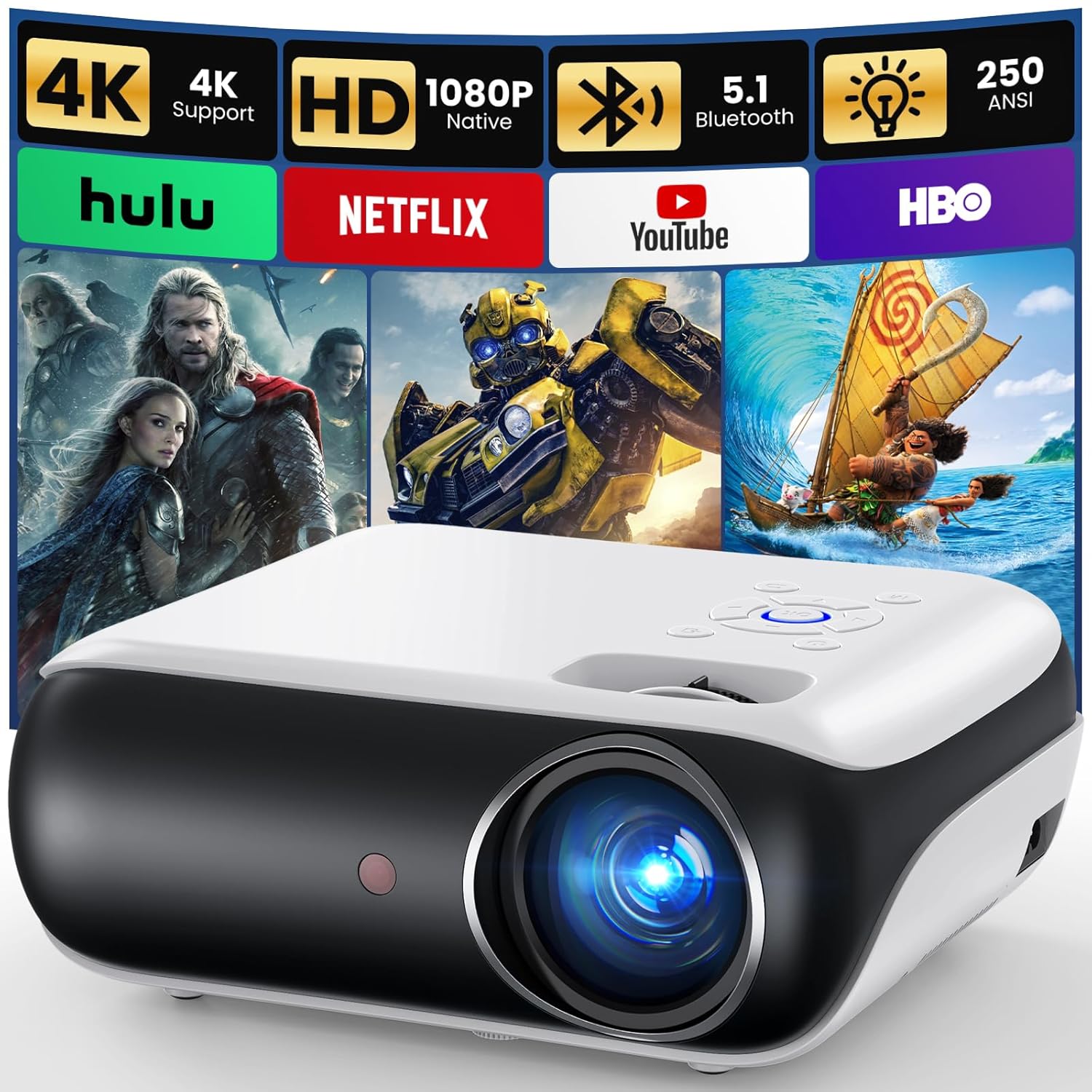 HAPPRUN Native 1080P Bluetooth Projector, Full HD Portable Outdoor Movie Projector with Built-in Speaker, Compatible with Smartphone, HDMI, USB, AV, Fire Stick, PS5 for Home,...