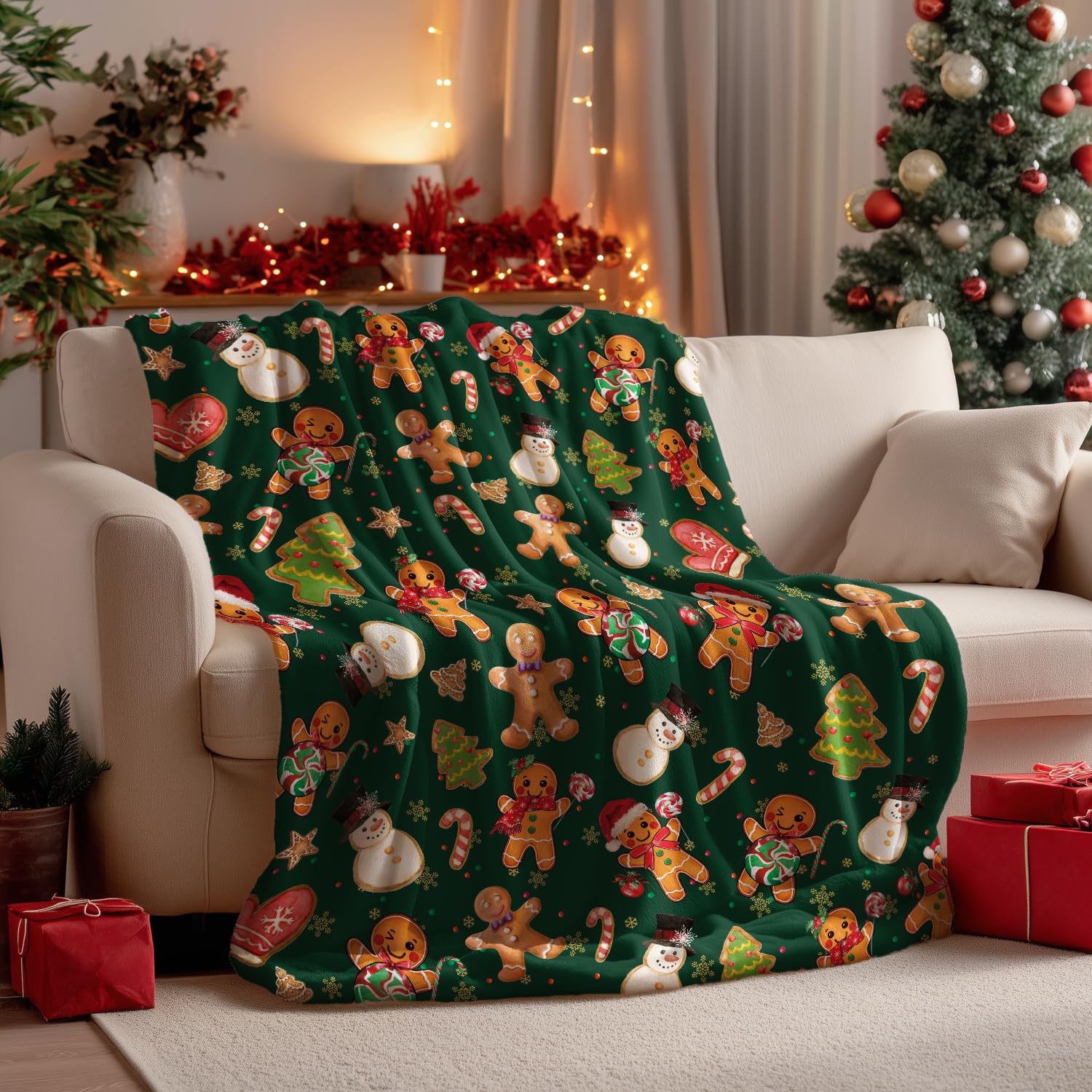 Horaldaily Christmas Flannel Blanket Throw, Green Gingerbread Man Christmas Bear Baby Soft Fuzzy Plush Cozy Fleece Blankets for Couch Sofa Bed Lounging, Ideal Gifts for Kids...
