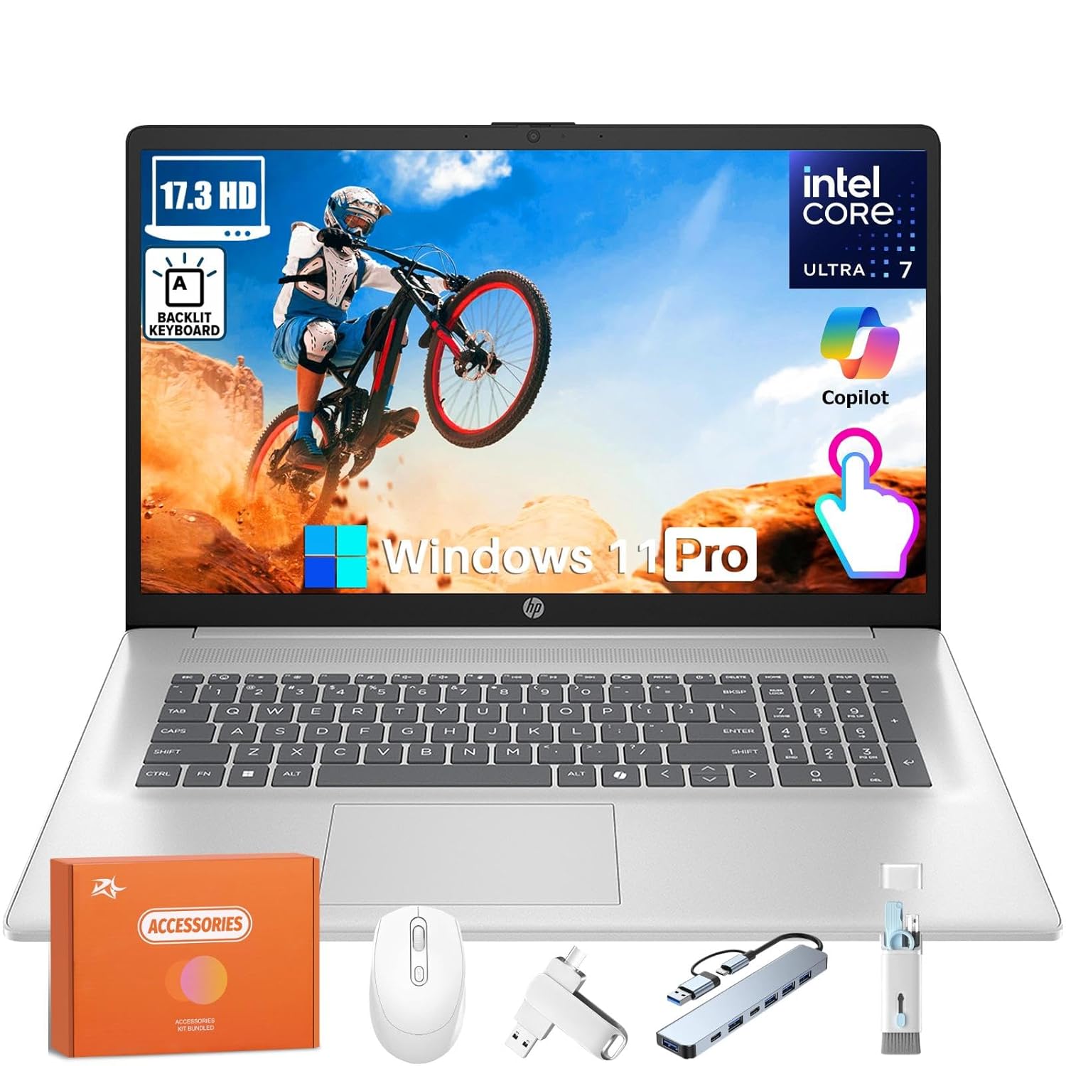 HP Business Touchscreen Laptop 17 inch, Intel Ultra 7 255U, Intel AI Boost (12 NPU TOPS), 64 GB DDR5, 2 TB SSD, 17.3" HD+ Touchscreen, Backlit Keyboard, Wi-Fi 6, Copilot,...