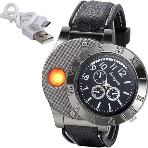 JewelryWe Mens Novelty Cigarette Lighter Watch USB Charging Windproof Quartz Wrist Watch