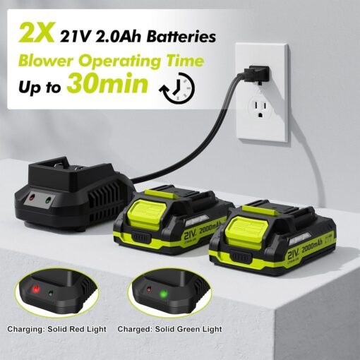 Leaf Blower Cordless - 21V Powerful Electric Leaf Blower with 2 Batteries and Charger, 2 Speed Modes, 2.0Ah Lightweight Battery Powered Leaf Blowers for Lawn Care, Patio, Dust,...
