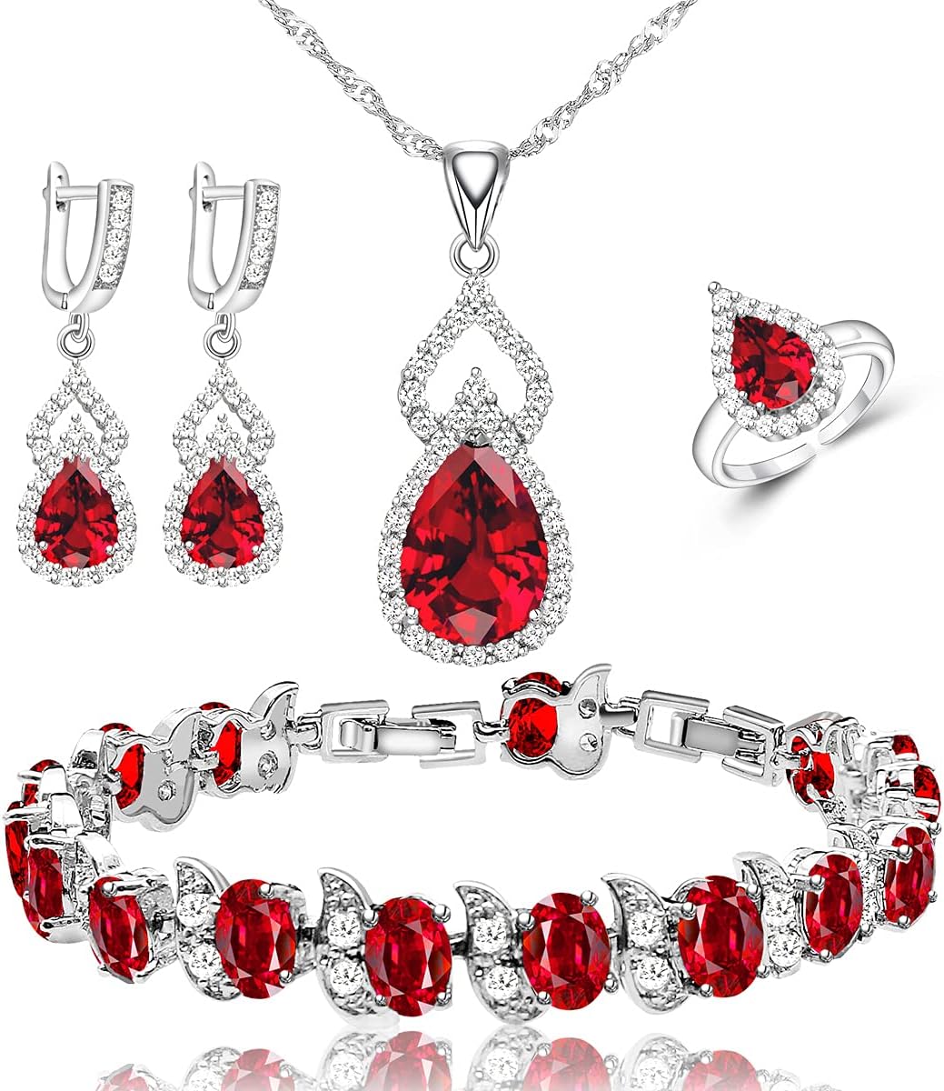 LMXXVJ Women Jewelry Set Platinum Plated Necklace Open Ring Earrings Bracelet Set,Birthday/Anniversary Mother’s Day Jewelry Gifts for Mom/Wife/Sister/Best Friend